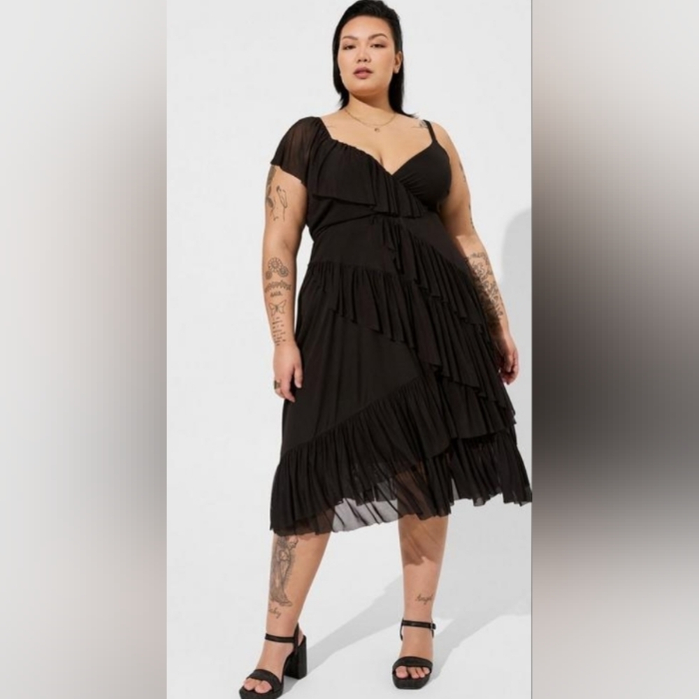 Torrid Midi Mesh Ruffle Surplice black Dress size 2X